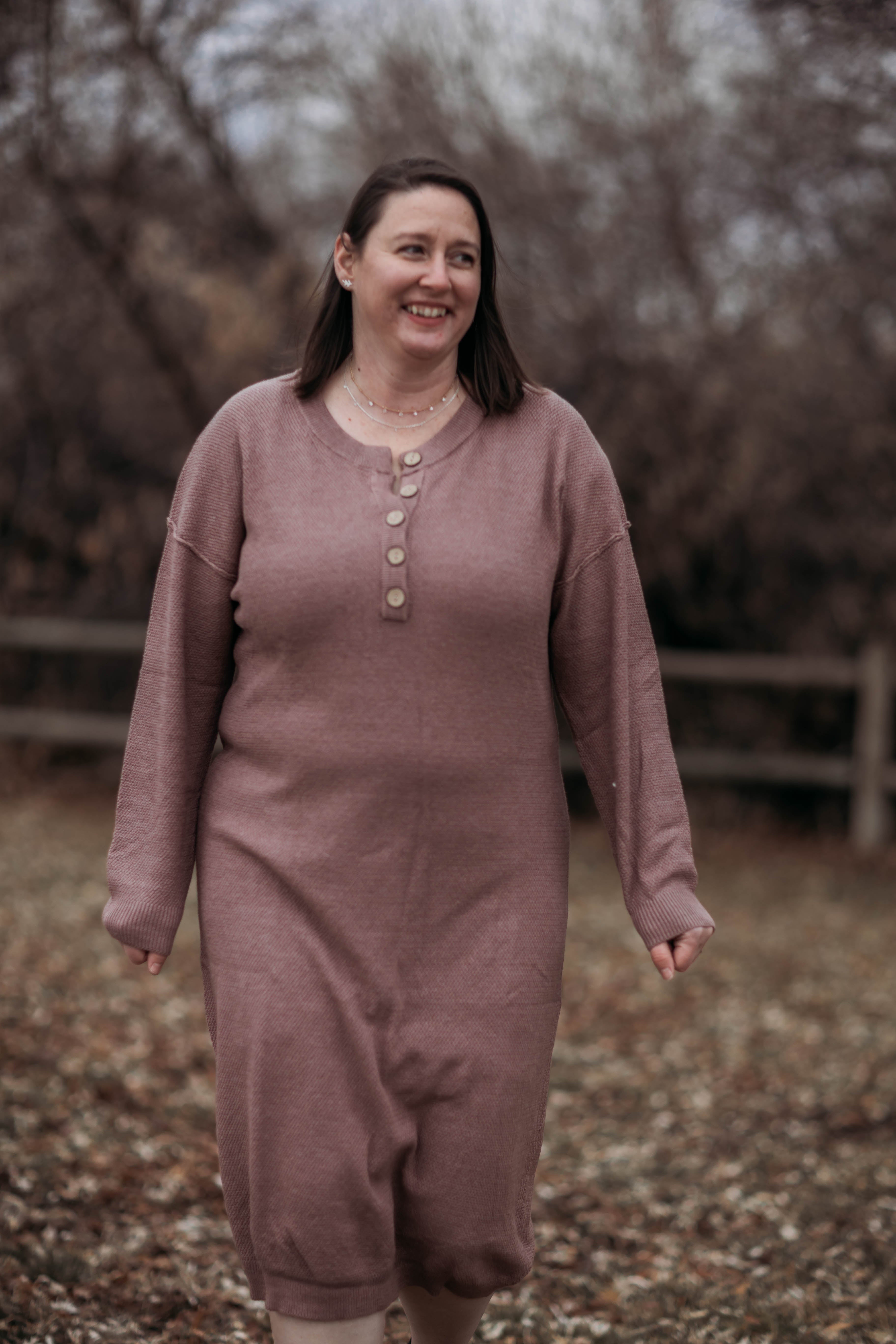 Fawn sweater dress--purple brown